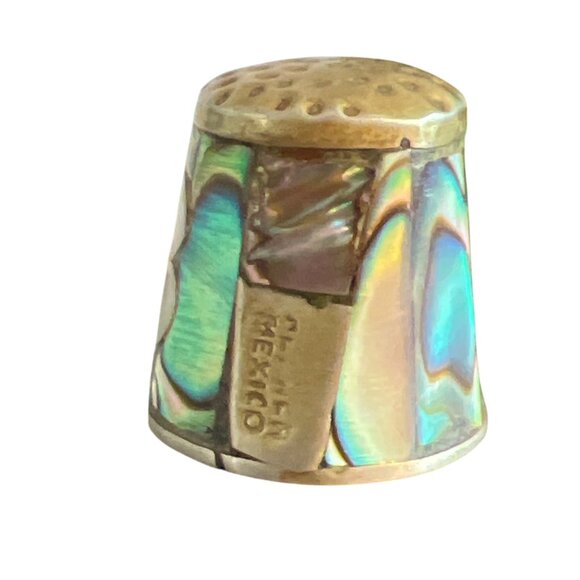 Vintage Alpaca Mexico Abalone Inlaid Thimble Floral Mother of Pearl .75" Estate - Picture 3 of 7